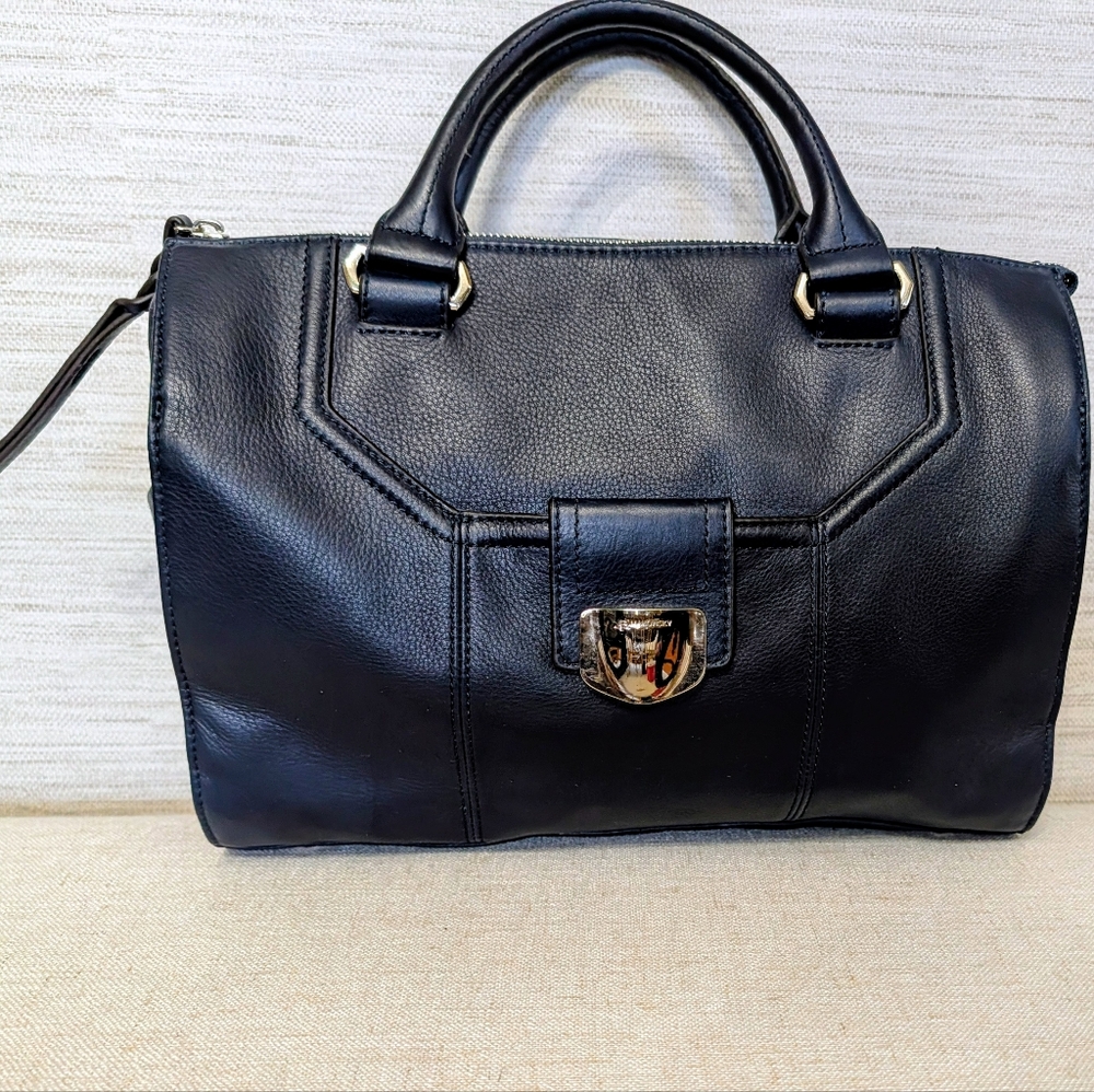 B. Makowsky Marion Navy Blue Purse Leather Zip Satchel Handbag
